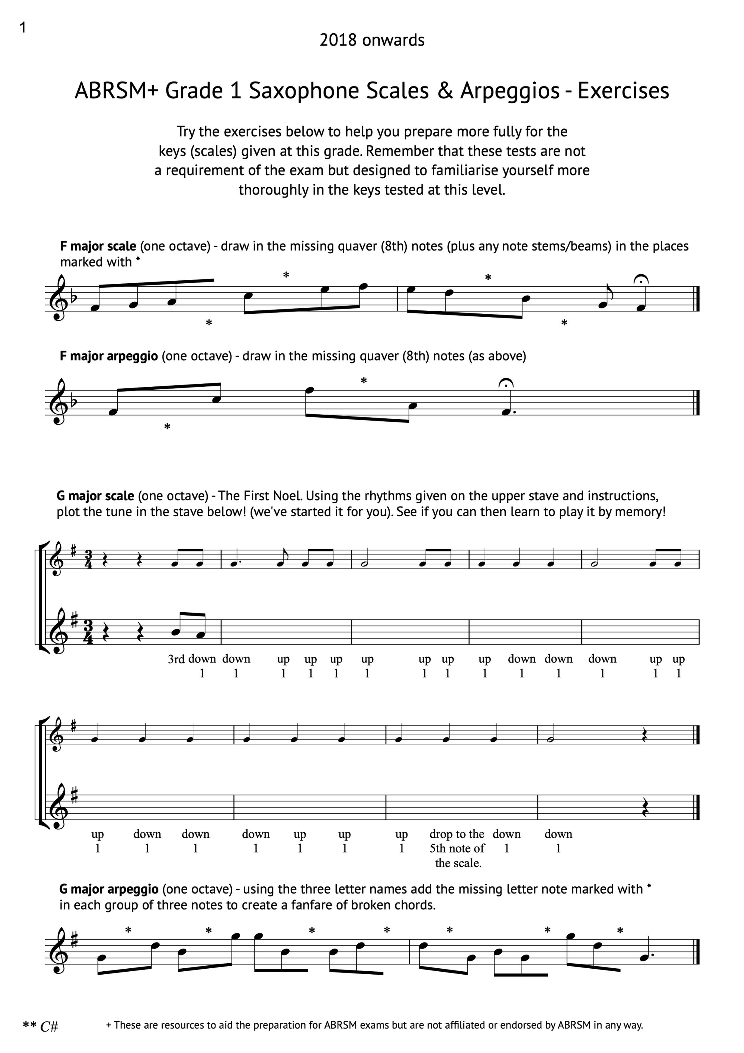 Saxophone Grade 1 (ABRSM*) Exercises/worksheet - taking it further!