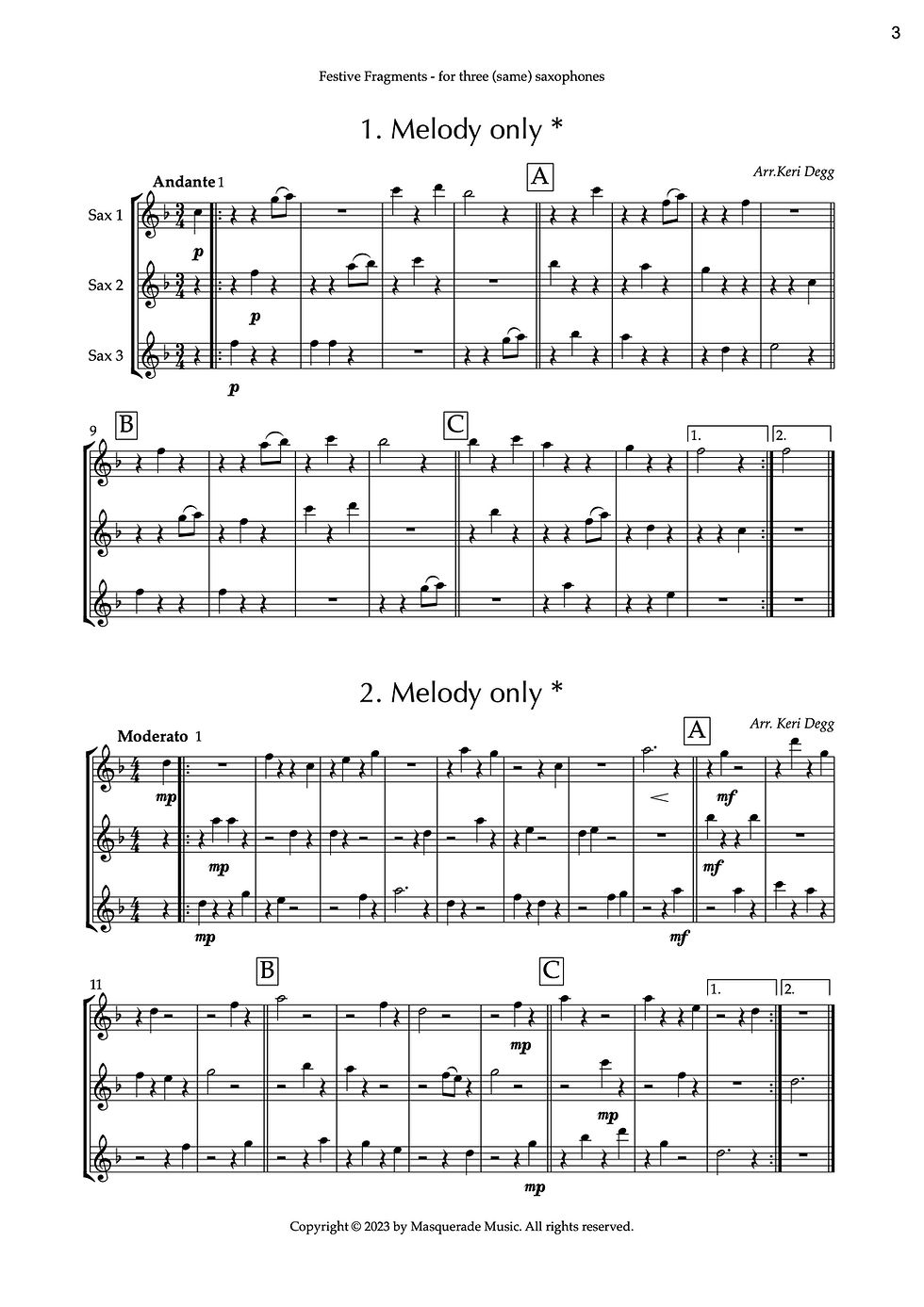 Thumbnail: Festive Fragments - 3 (same) saxophones edition (trios) by Keri Degg