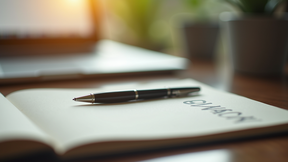 Close-up view of a journal and pen on a desk symbolizing reflection and growth