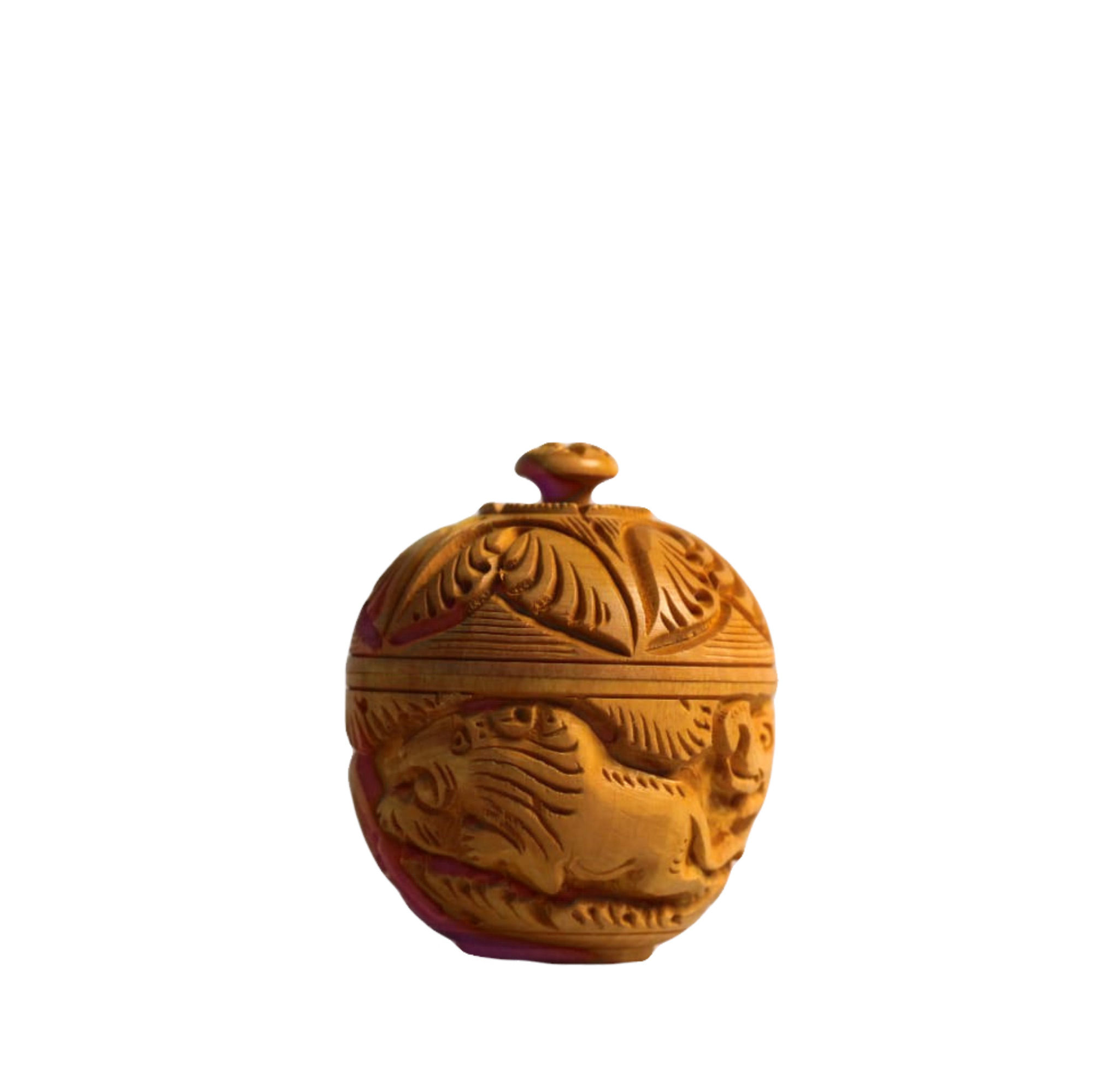 Decorative Animal Floral Design Hand-carved Round Shape Wooden Box