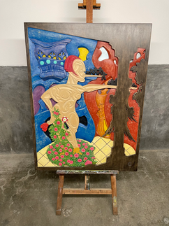 Tableau en bois d'une femme pleurant nue au milieu des fleurs sur fond de décors marocain. Traduction d'un poème de Khayyam.