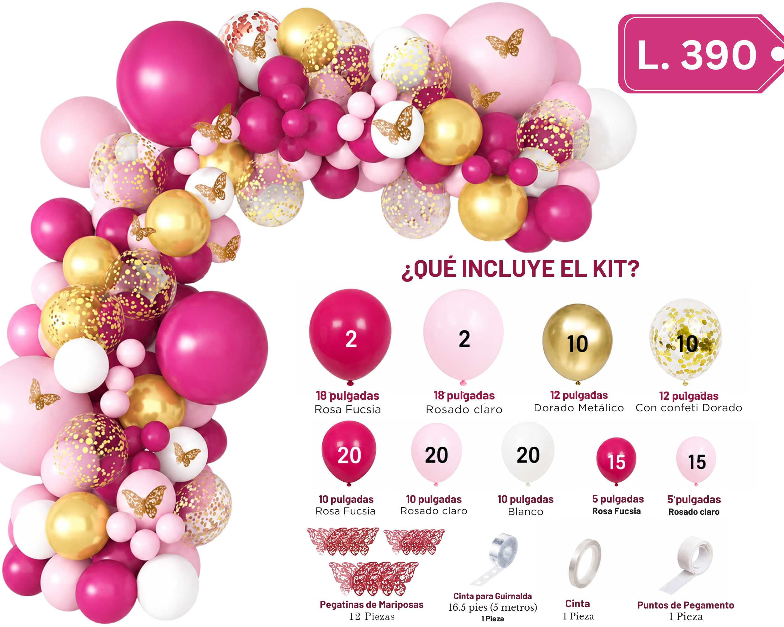 Set de globos para arco rosado fucsia y dorado