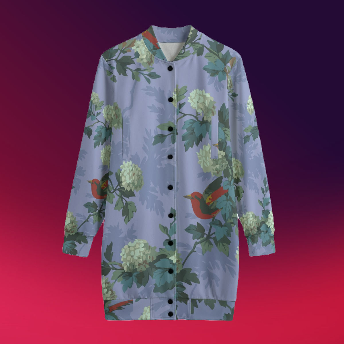 Oriental Floral and Red Bird Women's Long Jacket