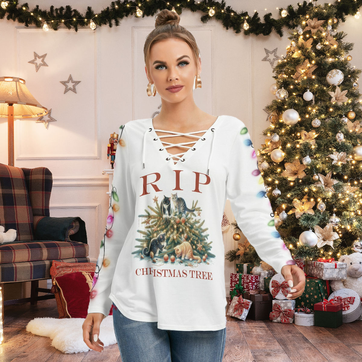 RIP Christmas Tree Women's Long Sleeve Neckline Tie Sweatshirt
