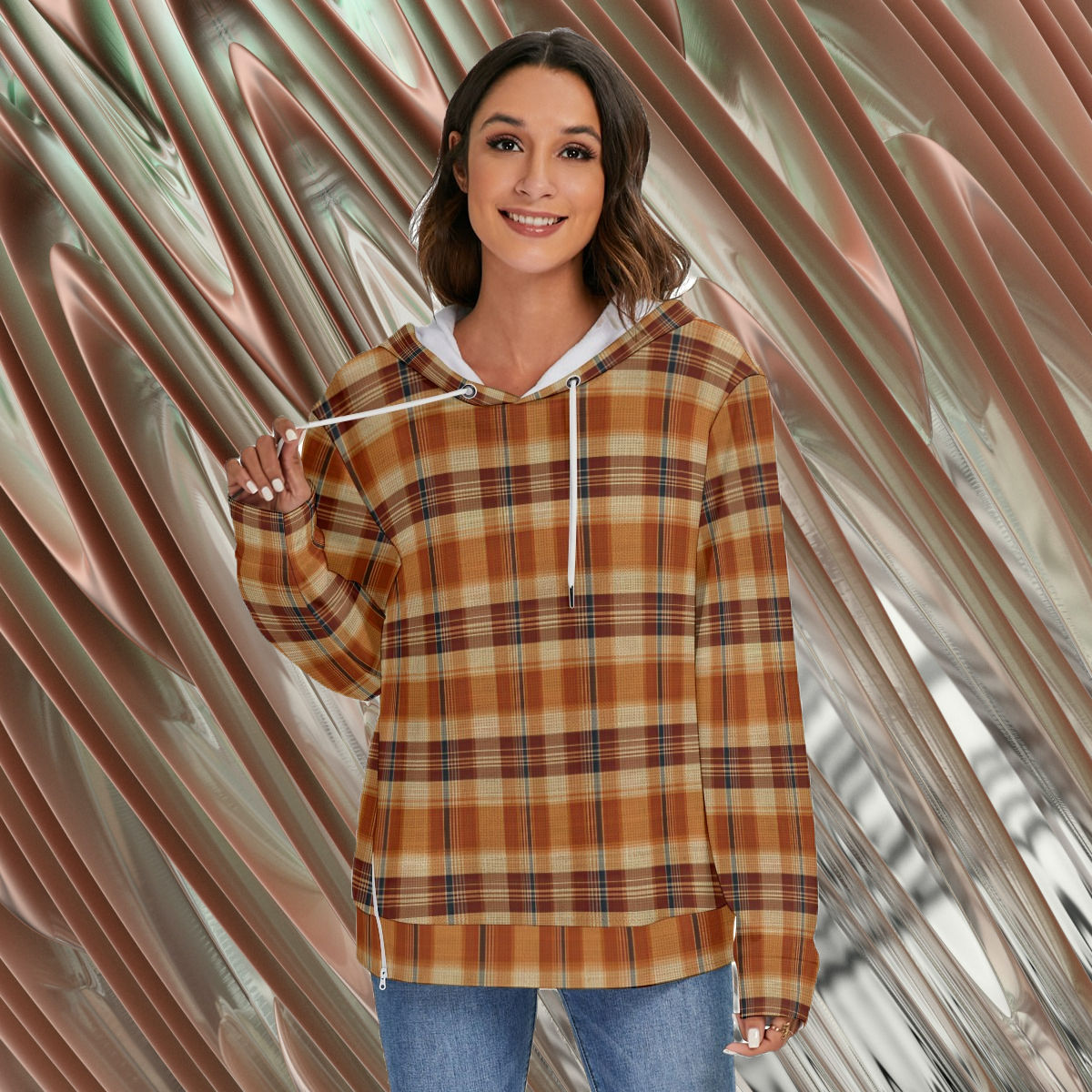Brown Plaid Women's Heavy Fleece Zip-on-the-Side Hoodie