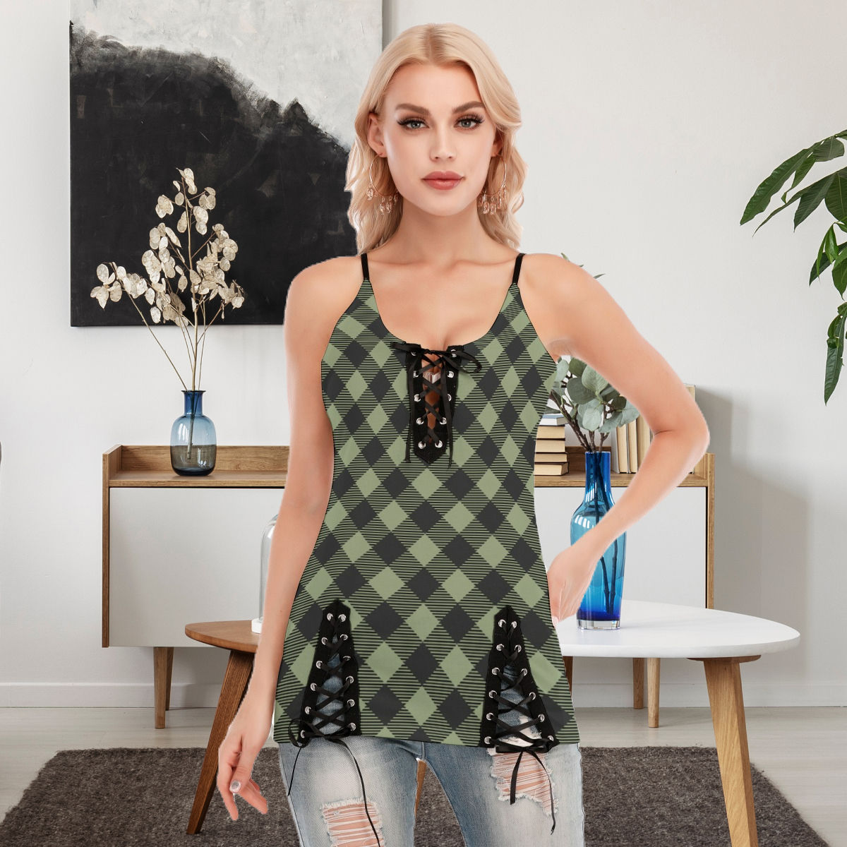 Green Plaid Women's Lace-up Cami Blouse