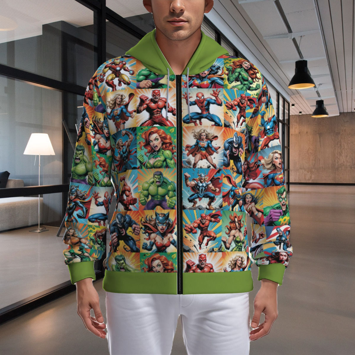 Green Sleeve Super Hero Zip Up Hoodie