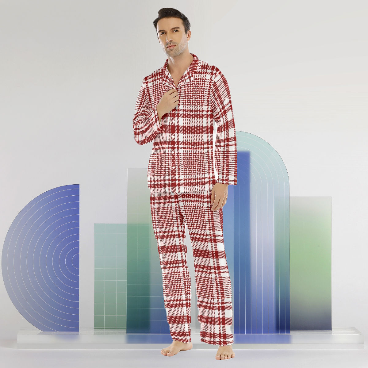 Red Plaid Men's Lapel Pajamas