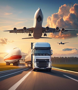 cargo ship on the water, airplane in the sky, truck driving on the road.jpg