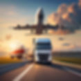 cargo ship on the water, airplane in the sky, truck driving on the road.jpg