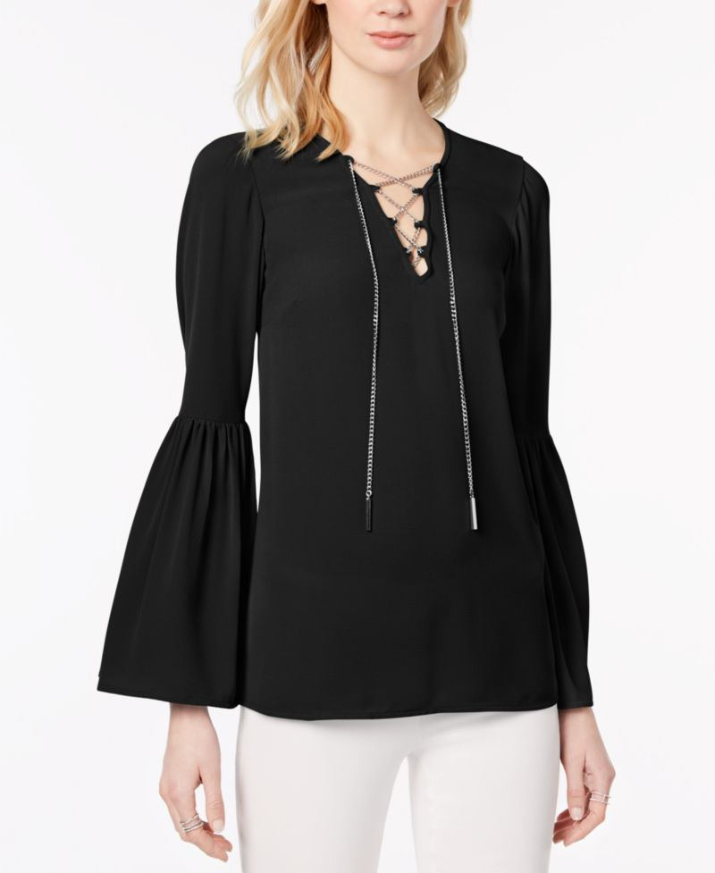 Michael Kors Chain-Detail Bell-Sleeve Top Tile Blue M