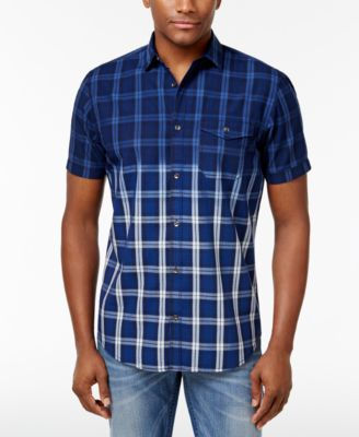 INC International Concepts Mens Ombre Plaid Shirt Deep Black L