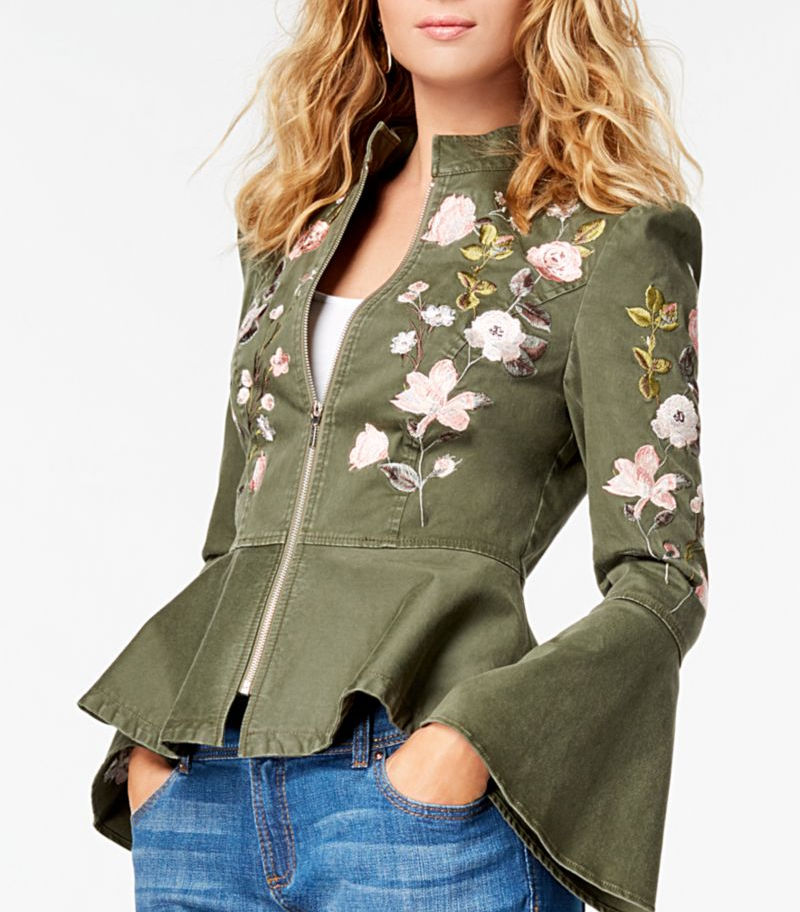 INC International Concepts Embroidered Peplum Jacket Army Green L