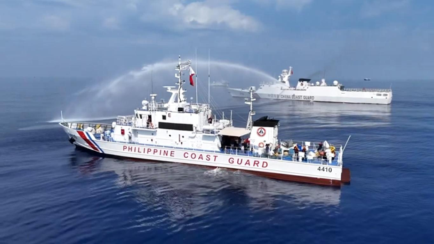 Philippine Coast Guard ship being water cannoned by a China Coast Guard ship on April 30, 2024 (Source: GMA News)