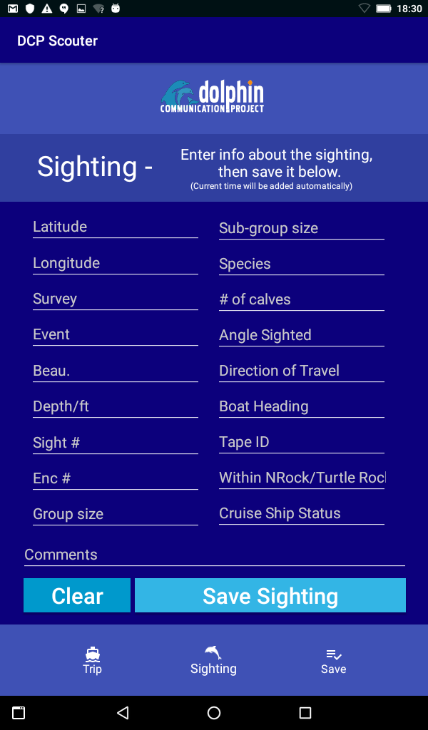 The screen for quickly entering diverse sighting data