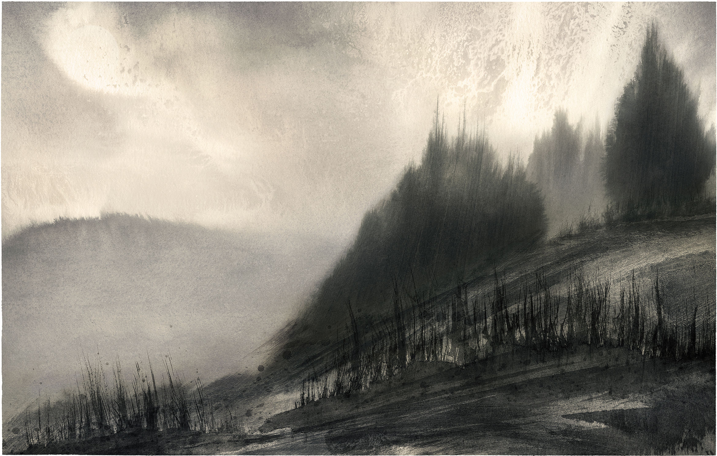 Moonlit Mist above the Mynydd Du Forest , Y Mynydd Du