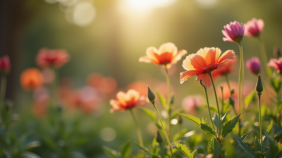 Close-up view of a serene garden with blooming flowers