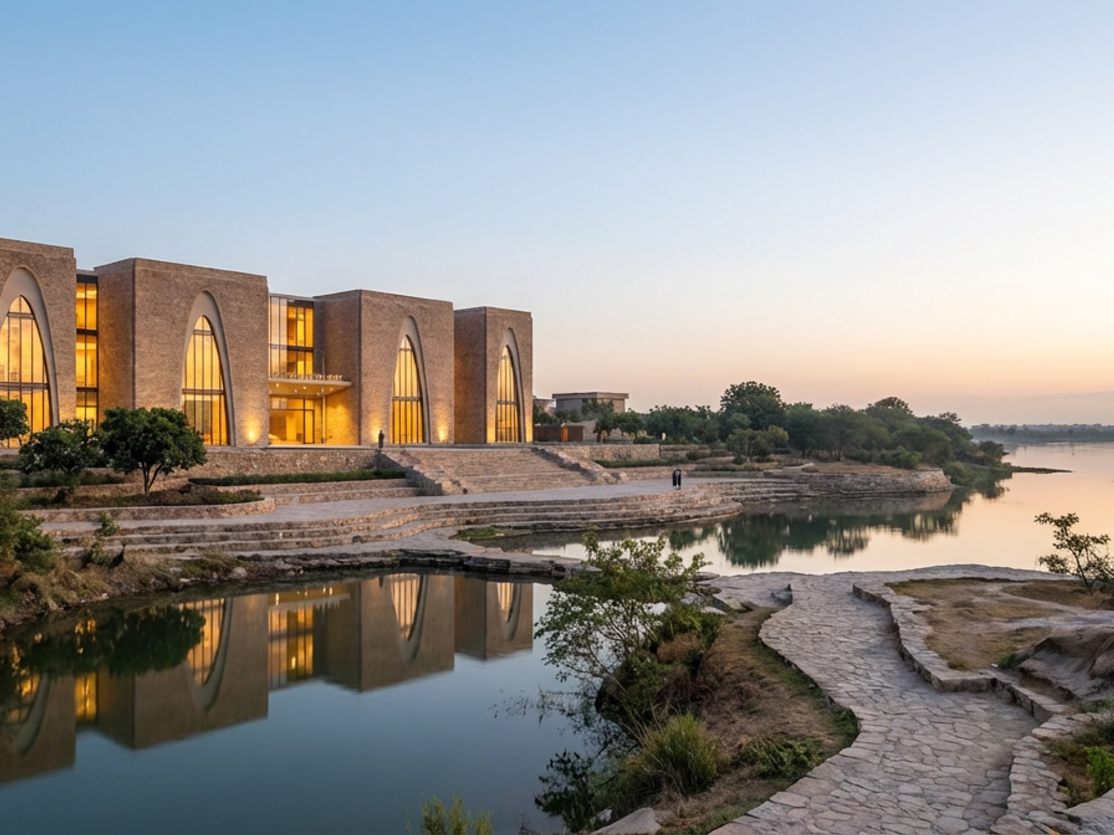 A recent FMDL Architects cultural project — stone-clad architecture at the river's edge