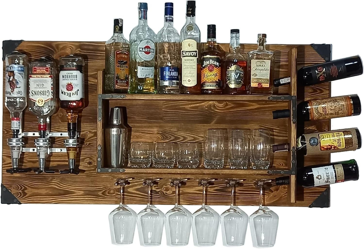 Holzregal mit Getränkespender|Wandspenderstation für 3 Flaschen