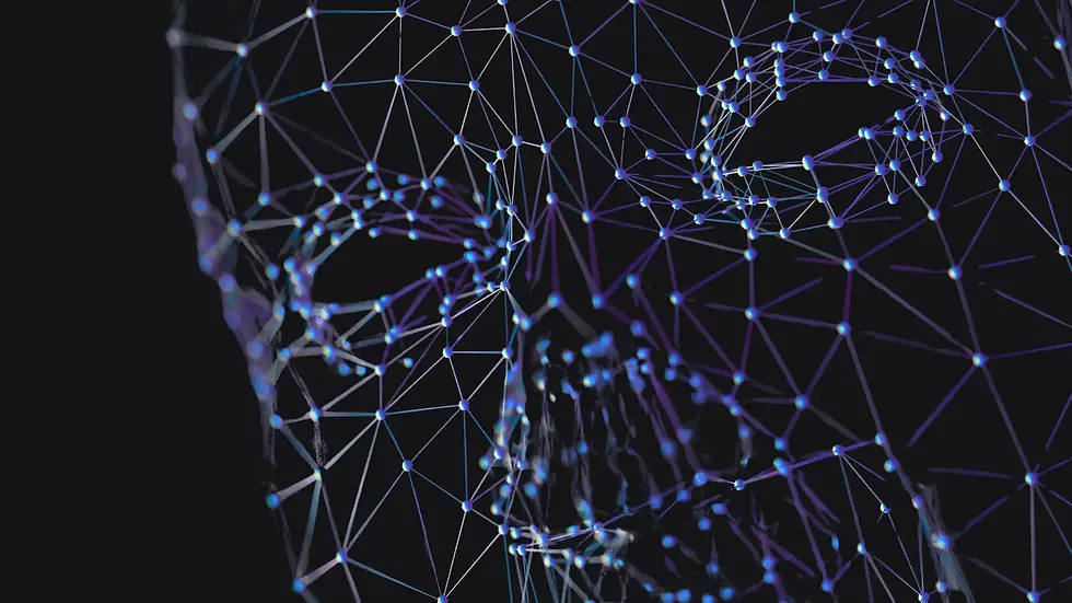 Abstract 3D digital face for Geocite Labs made of interconnected blue and indigo data nodes and lines on a dark background.