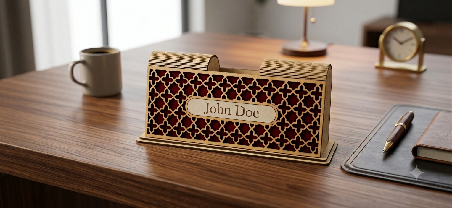 John Doe desk wooden name plate with decorative pattern