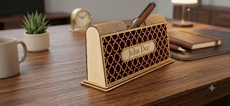 Thumbnail: Custom wooden desk name plate engraved with John Doe