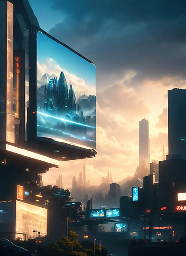 Vallas publicitarias en una ciudad futurista