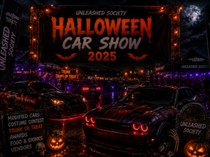 Unleashed Society 2025 Halloween Car Show and Costume Awards at Rockaway Lanes in New Jersey featuring modified cars and Halloween festivities.
