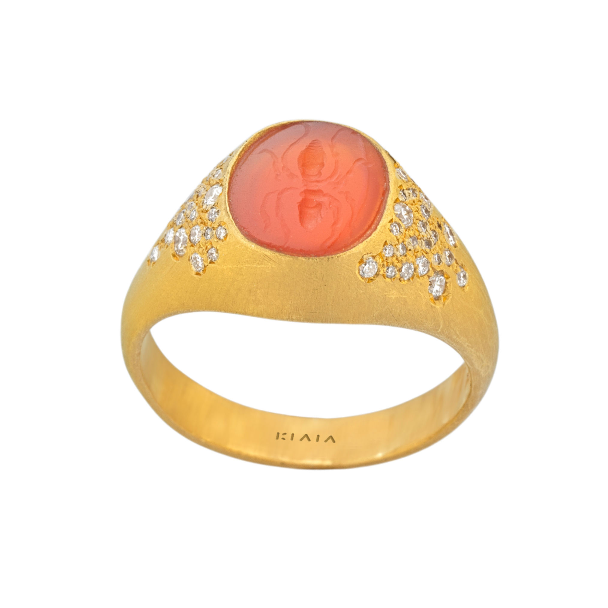 Antique carnelian ant intaglio ring in 24k gold with diamonds