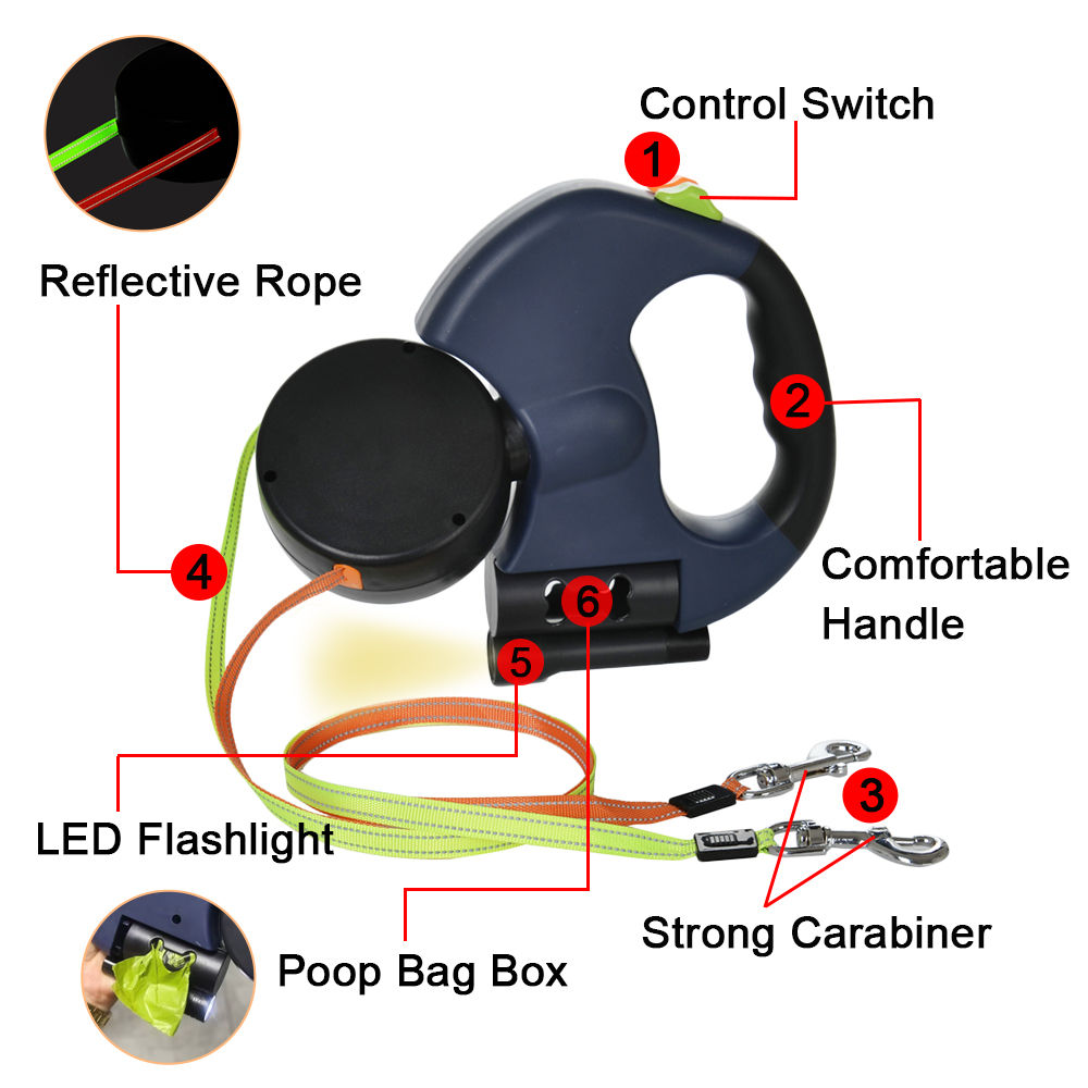 Dual Dog Lead — Retractable Double Lead with LED Light & Reflective Strip