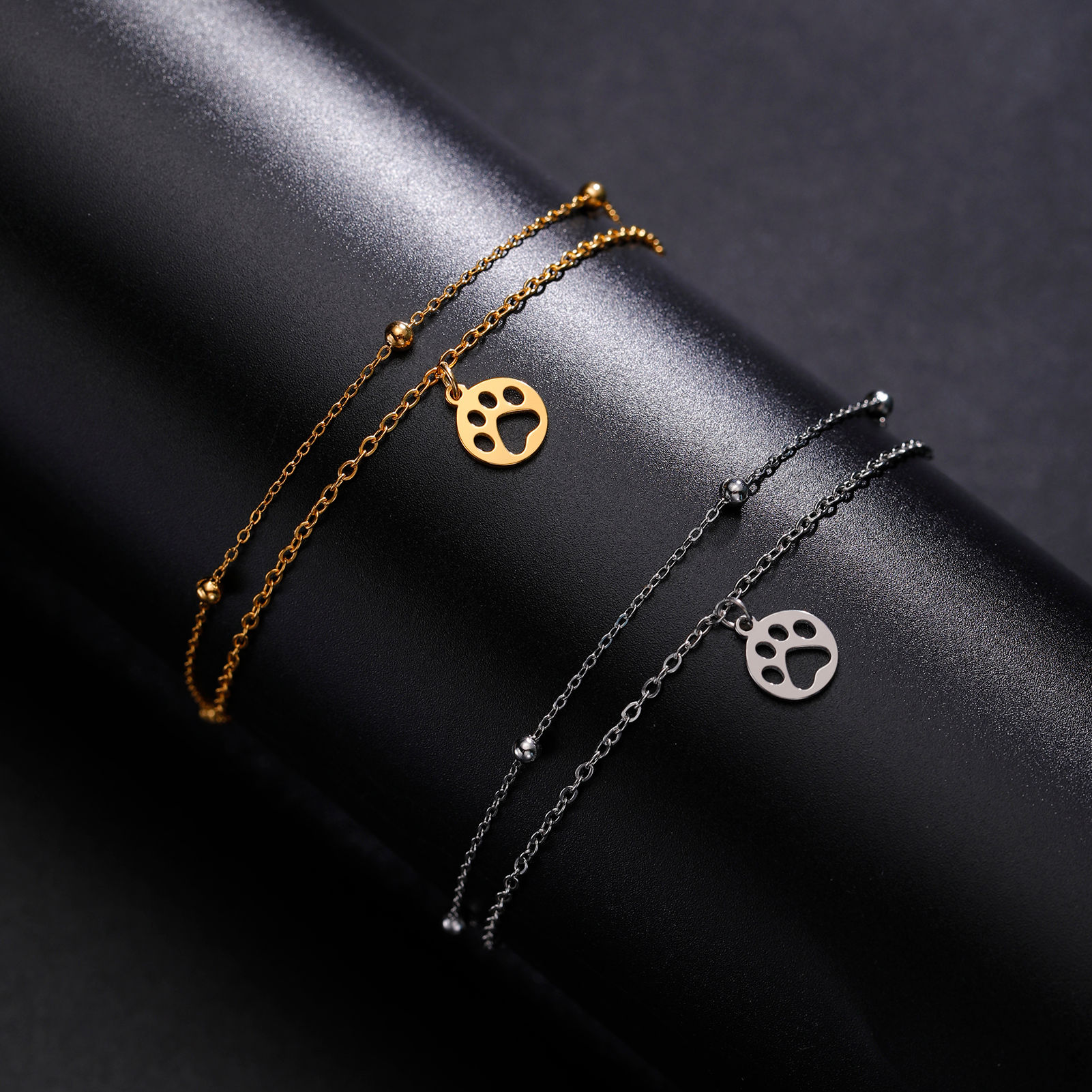 Dog & Cat Paw Double Chain Bracelet — Stainless Steel