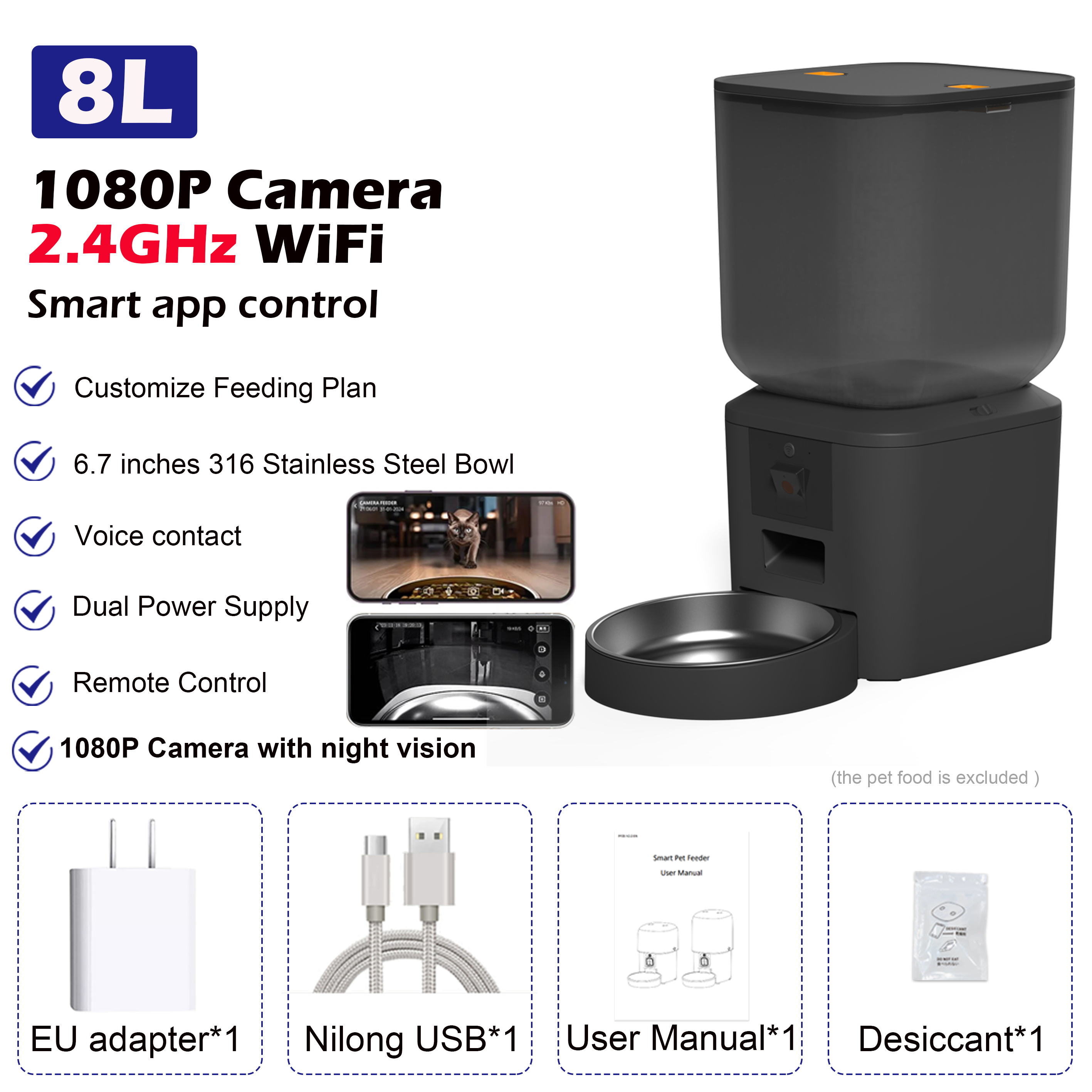 8L Automatic Cat Feeder With 1080p Camera Video 5G WiFi Cat Food Dispenser Pet S