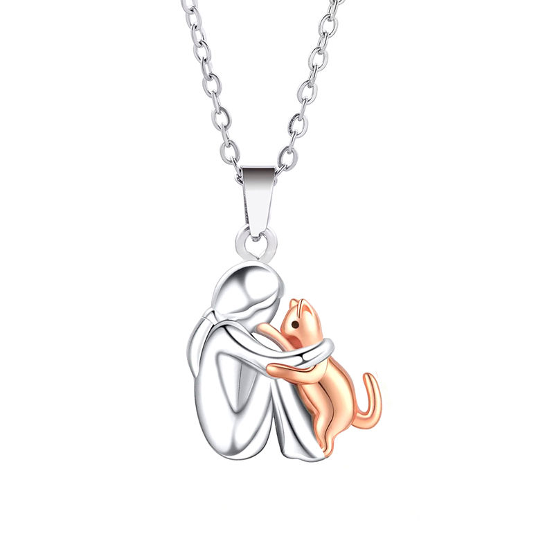 Girl & Dog Hug Pendant Necklace