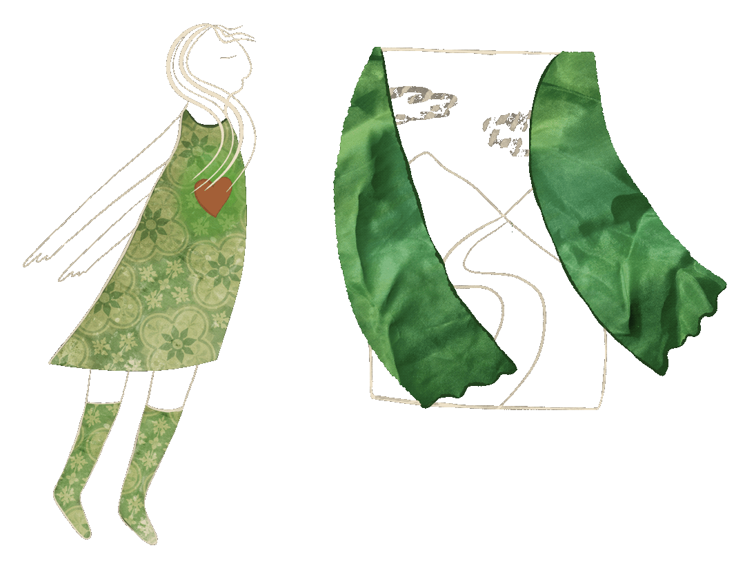 Collage of a person with a glowing heart leaning into a window with wind beckoning her to enter