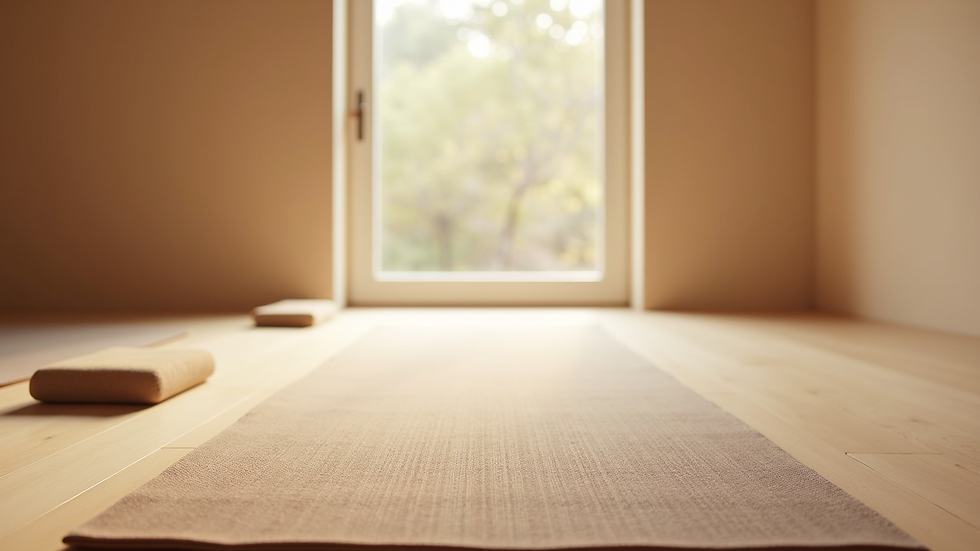 Eye-level view of a serene yoga space with soft lighting and mats
