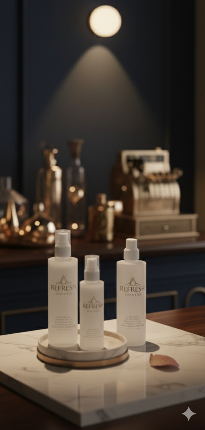 Close-up view of various skincare products arranged neatly on a shelf