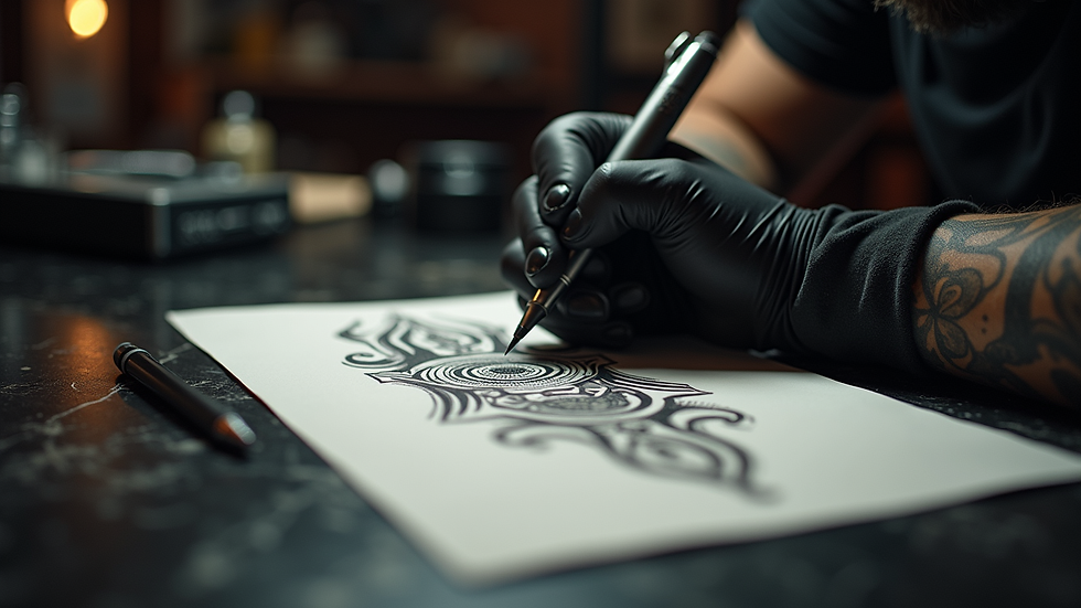 Eye-level view of tattoo artist sketching a custom design