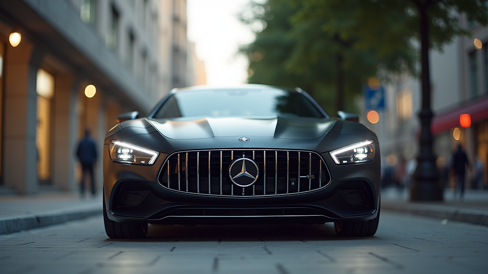 Eye-level view of a sleek luxury car parked in an urban setting