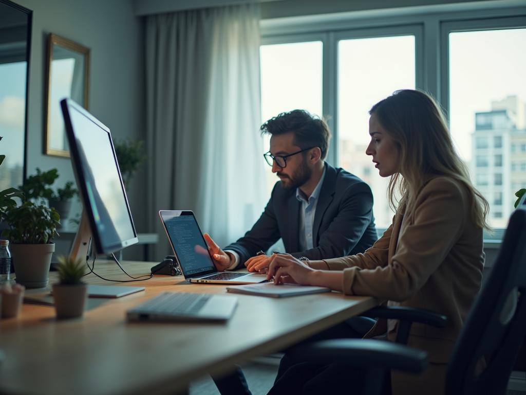 Two colleagues working together at a desk looking at a laptop computer. Consultation