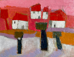 Mustard Path with Trees and Cottages