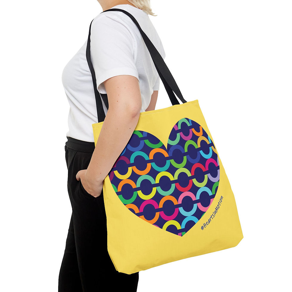 Thumbnail: Yellow Tote Bag with Colorful Chain-Pattern Heart — #HeartsInMotion
