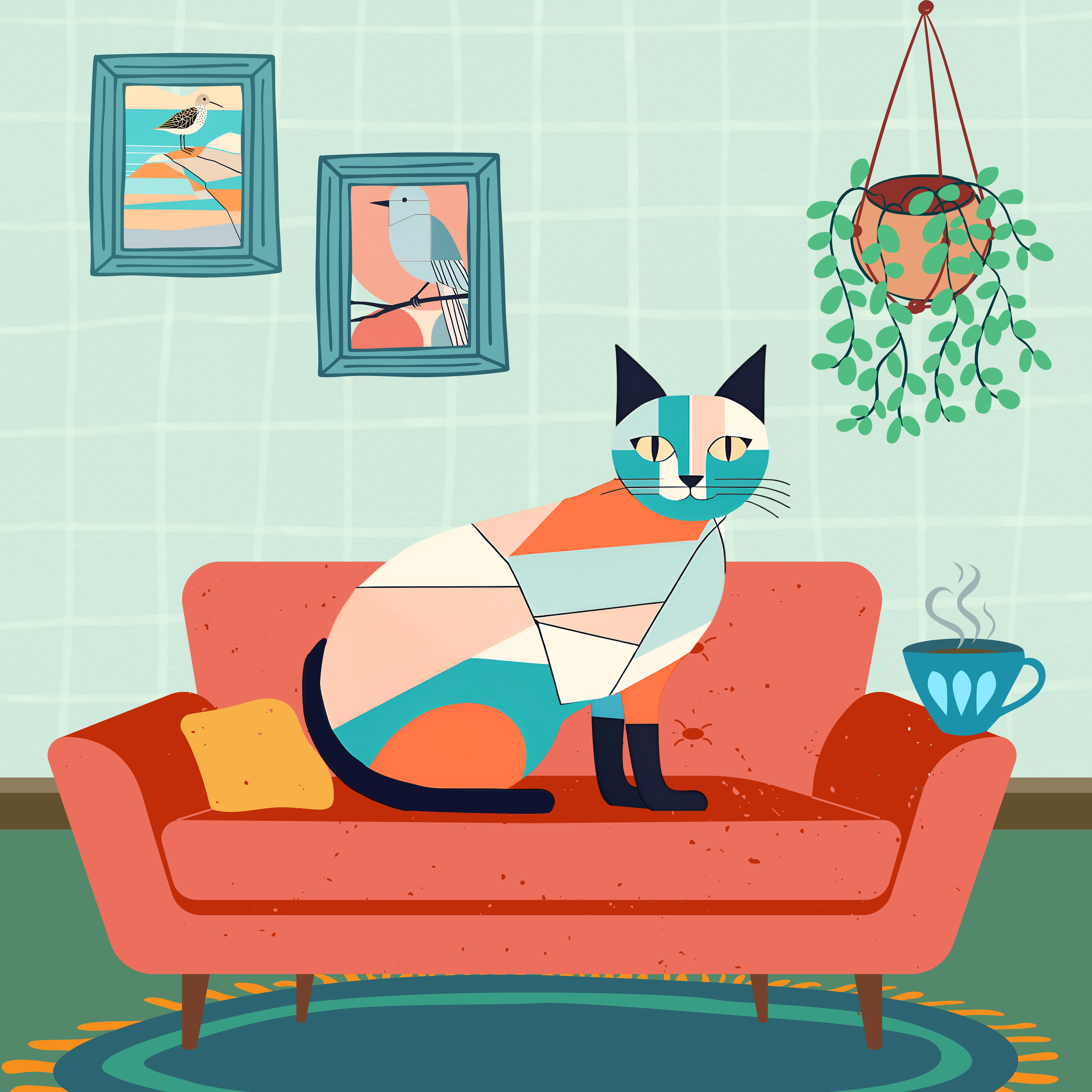 Cat On Red Couch Print - 7.5" x 7.5"