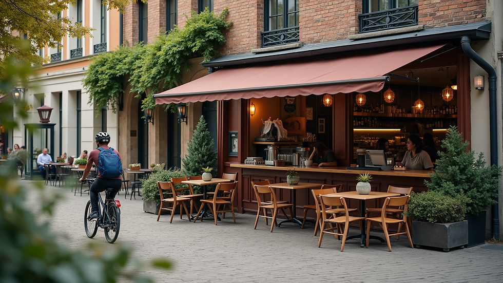 Eye-level view of a cozy coffee shop with outdoor seating