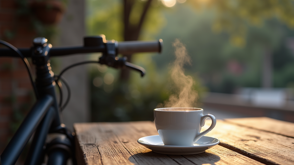High angle view of a bike parked next to a steaming cup of coffee