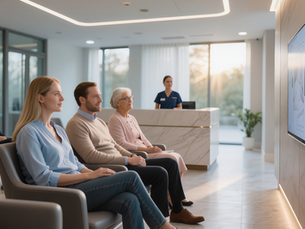 Clinic waiting room digital signage showing real-time updates and seasonal messages to patients