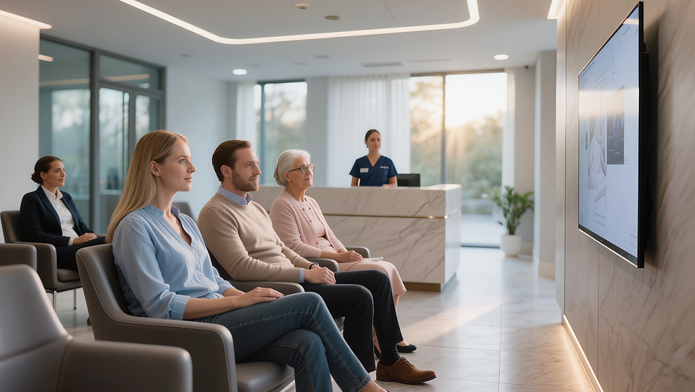 Clinic waiting room digital signage showing real-time updates and seasonal messages to patients
