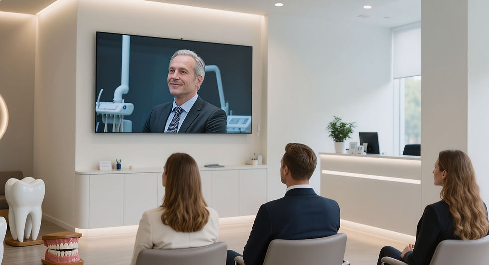 Dental treatments displayed on waiting room digital signage screen in a modern clinic