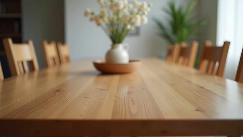 Close-up view of a solid wood dining table with matching chairs and a decorative centerpiece