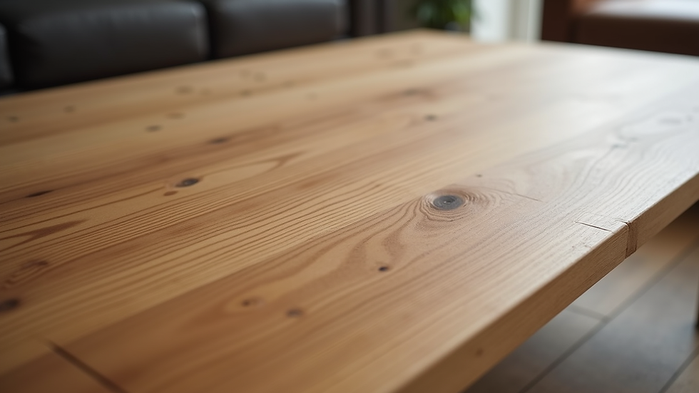 Close-up view of wood grain on a solid wood coffee table surface