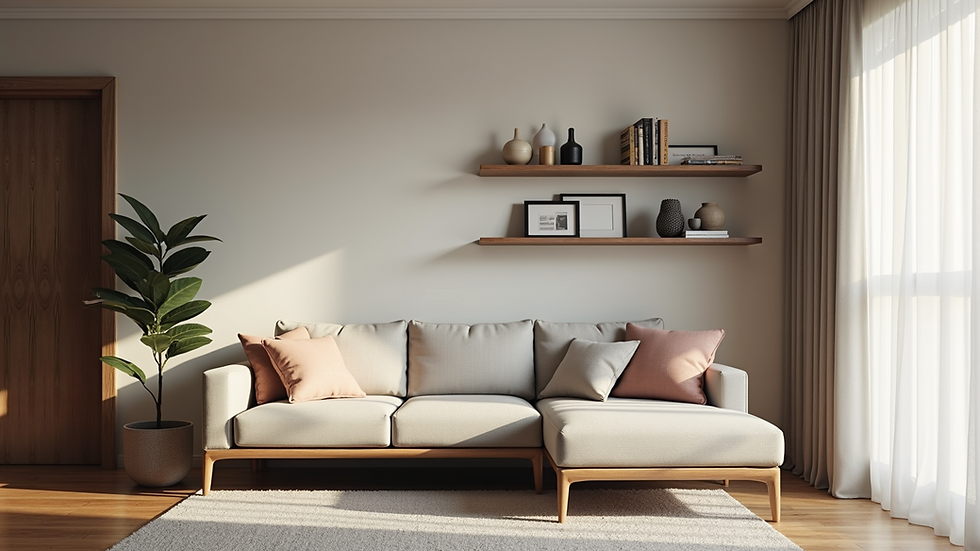 Eye-level view of a compact living room with modular sofa and wall shelves